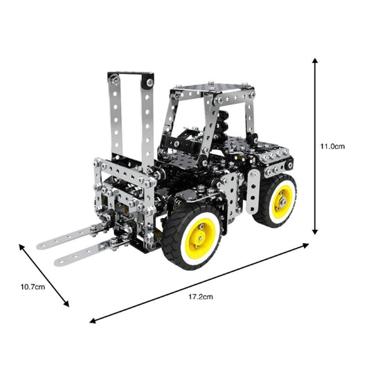 Stainless steel gear forklift DIY building block set with forks and yellow wheel accents