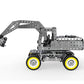 Gray DIY excavator building blocks with long arm and bucket, four yellow-accent wheels