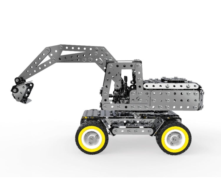 Gray DIY excavator building blocks with long arm and bucket, four yellow-accent wheels