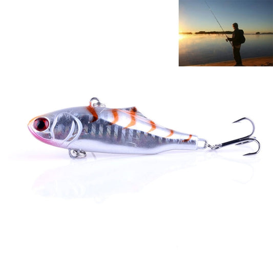 Swimbait fishing lure, silver-blue body with orange stripes and twin treble hooks