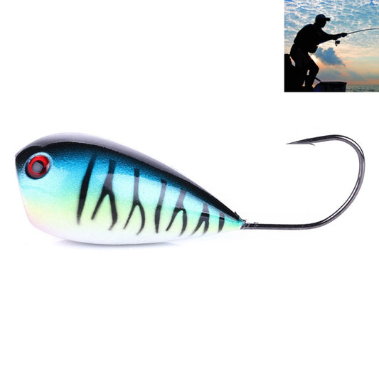 Hard fishing bait lure in blue and white with wave stripes, single treble hook