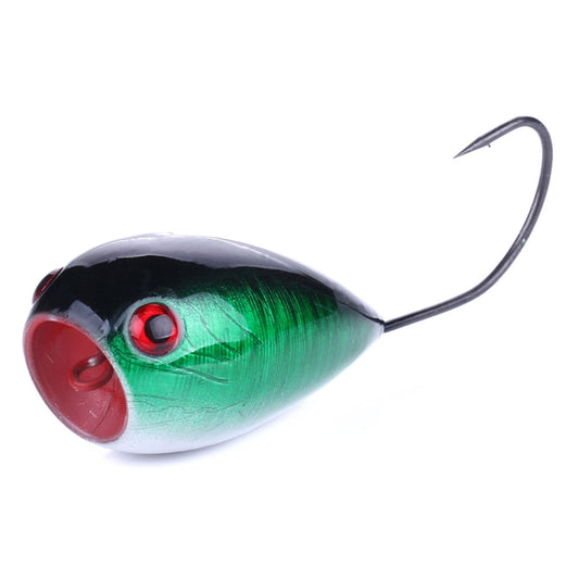 Green and black hard bait fishing lure with red mouth and treble hook