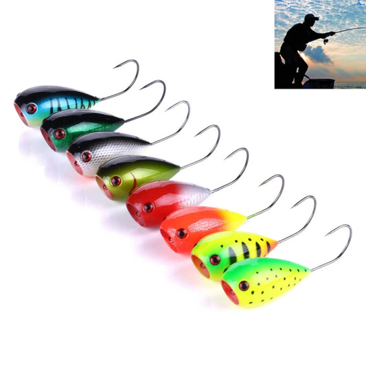 Set of colorful hard bait fishing lures with treble hooks, fan layout