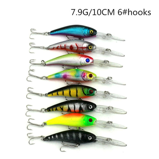 Stack of multicolor fishing crankbaits with silver hooks and split rings