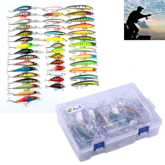 Fishing lure set with multicolor crankbaits and clear plastic tackle box