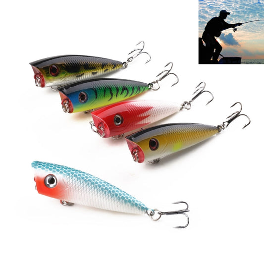 Set of five hard fishing lures with treble hooks, green, red, yellow, and blue bodies