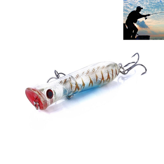 White-and-blue hard fishing lure with red head, gold pattern, two treble hooks