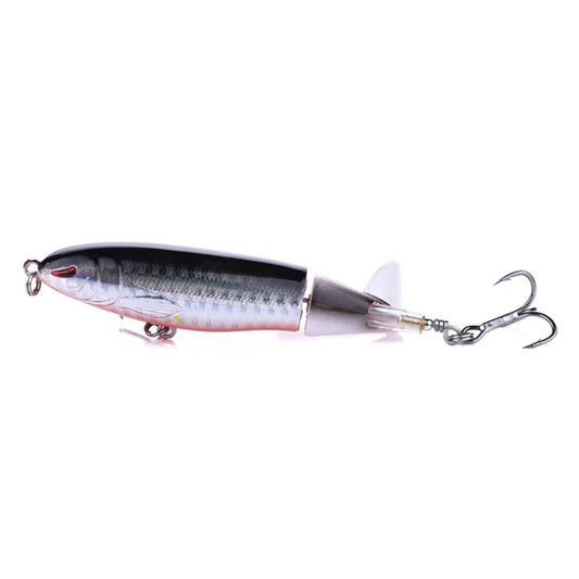 Propeller-shaped hard fishing lure, silver and black body with clear tail, treble hooks