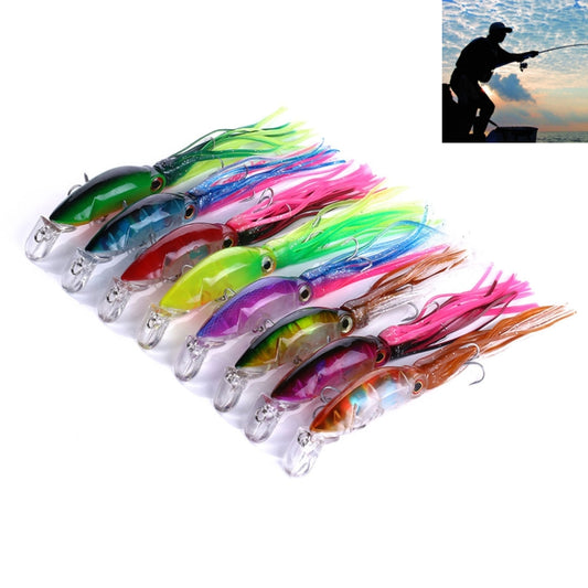 Set of 8 squid-shaped hard fishing lures, clear body with bright multicolor tentacles