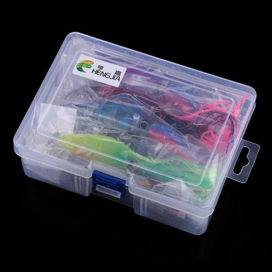 Clear plastic box showing 8 octopus-shaped hard fishing lures with tentacle skirts