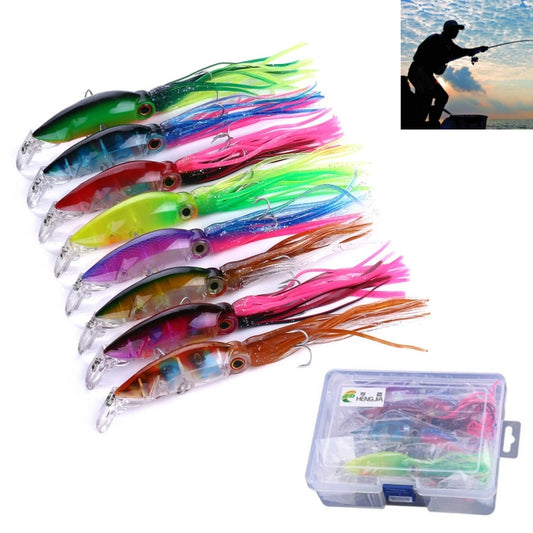 Set of 8 octopus-shaped hard fishing lures with colorful tentacle skirts, boxed