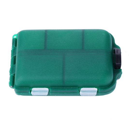 Green clamshell fishing tackle storage box, closed with black side latch