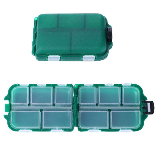 Green clamshell fishing tackle box with ten grid compartments and clear lids