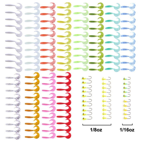Assorted soft plastic fishing lure worms, multi-color rows with 1/8oz & 1/16oz labels