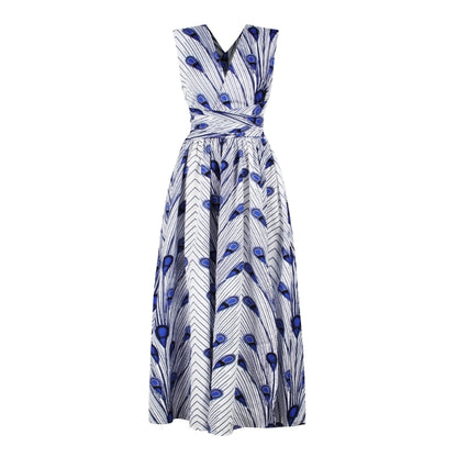 White and blue feather-print sleeveless maxi dress with waist tie and V neck
