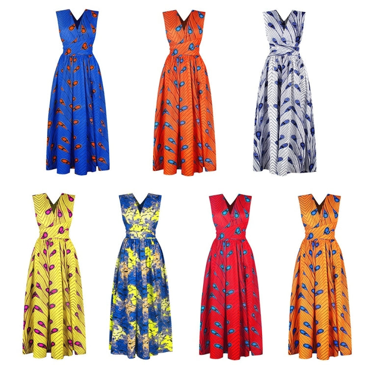 Feather-print sleeveless dresses shown in multiple colors, tied waist and flared skirt