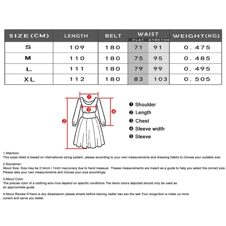 Dress size chart table with lengths and waist measurements in cm