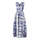 Blue feather-print sleeveless maxi dress with waist tie and V neck, white base