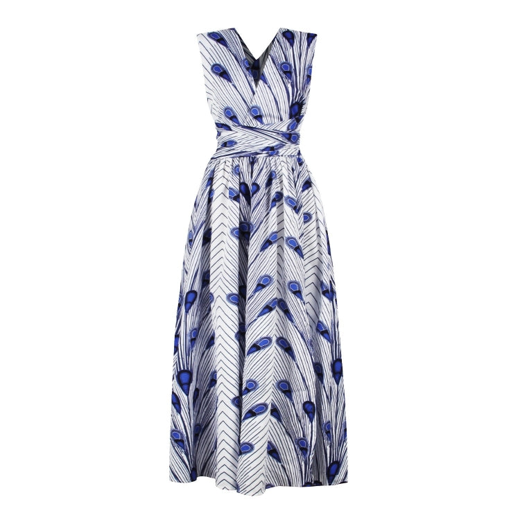 Blue feather-print sleeveless maxi dress with waist tie and V neck, white base