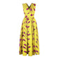 Yellow feather-print sleeveless V-neck dress with fitted bodice and flared skirt