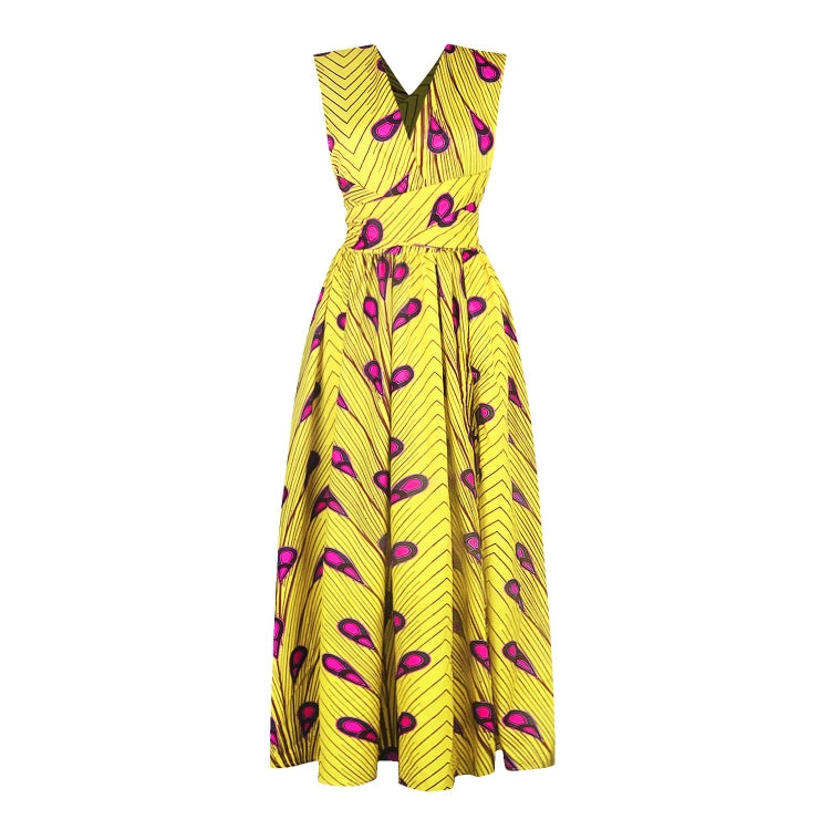 Yellow feather-print sleeveless V-neck dress with fitted bodice and flared skirt