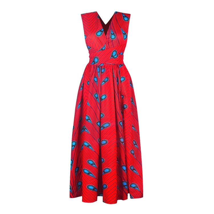Red feather-print sleeveless V-neck dress with ruched waist and wide flared skirt