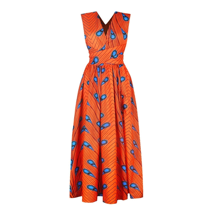 Orange fit-and-flare V-neck dress with blue feather print, sleeveless midi length
