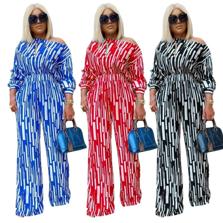 Women's striped off-shoulder jumpsuit in blue, red, and black with wide legs