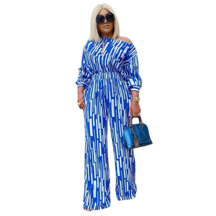 Women's blue-and-white striped off-shoulder long-sleeve jumpsuit with wide legs