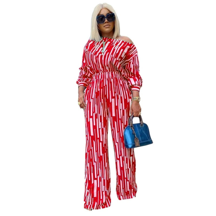 Women's red-and-white striped off-shoulder long-sleeve jumpsuit with wide legs