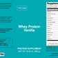 Supplement Facts panel for whey protein vanilla powder with serving details